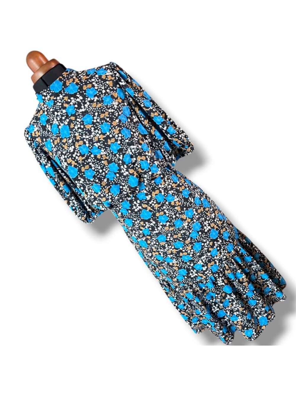 Ann Taylor Floral Midi Dress Blue & Black High-Neck Puff Sleeves Size 2